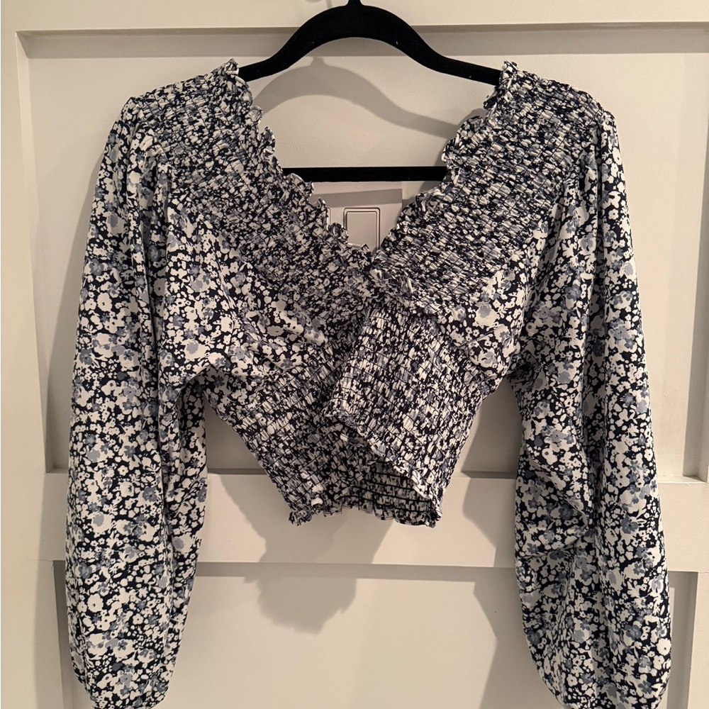 Abercrombie & Fitch Floral Smocked Blouse - Navy and White